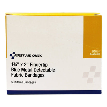 First Aid Only Fingertip Blue Metal Detectable Adhesive Fabric Bandages, 50 per Box