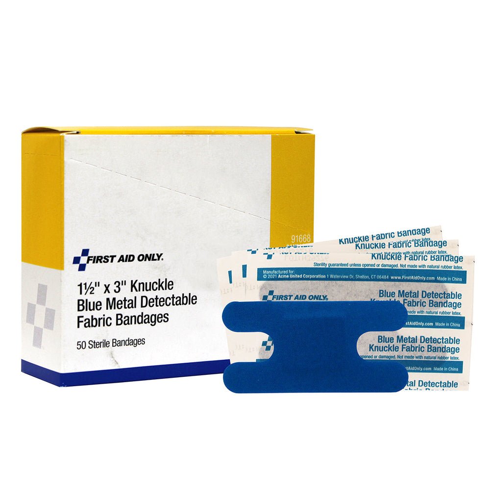 First Aid Only Knuckle Blue Metal Detectable Adhesive Fabric Bandages, 50 per Box