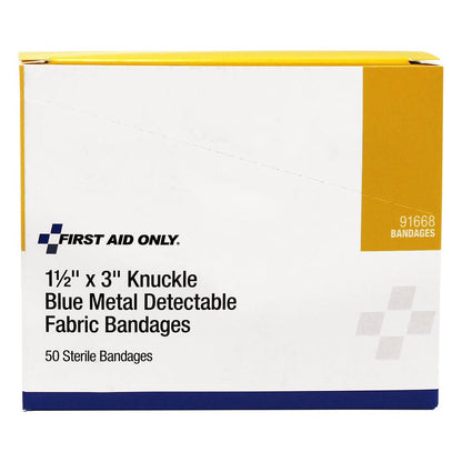 First Aid Only Knuckle Blue Metal Detectable Adhesive Fabric Bandages, 50 per Box
