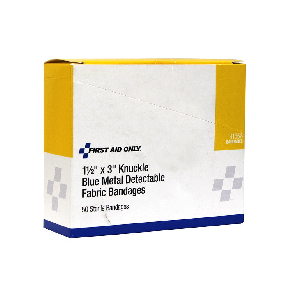 First Aid Only Knuckle Blue Metal Detectable Adhesive Fabric Bandages, 50 per Box