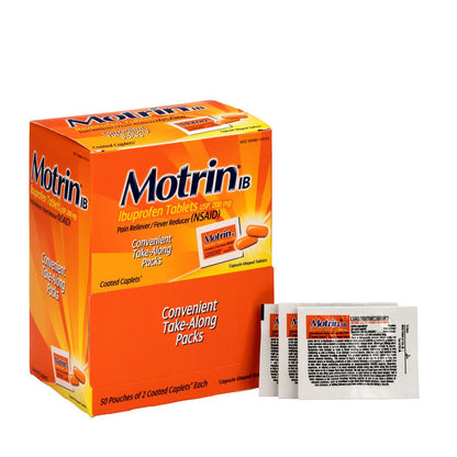 PhysiciansCare Motrin Ibuprofen Individually Wrapped Medication, 50 Doses of Two Tablets, 200mg