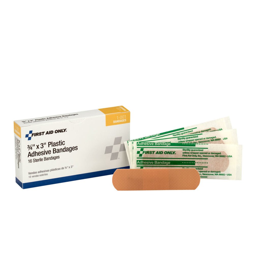 First Aid Only 3/4" x 3" Adhesive Plastic Bandages, 16 Per Box