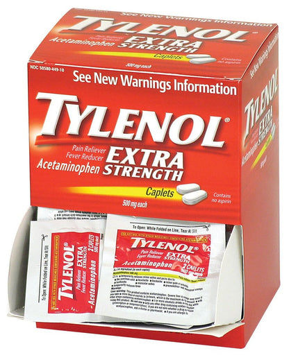 PhysiciansCare Tylenol Extra Strength Acetaminophen 50 Individually wrapped packets of medication containing two tablets, 500mg.