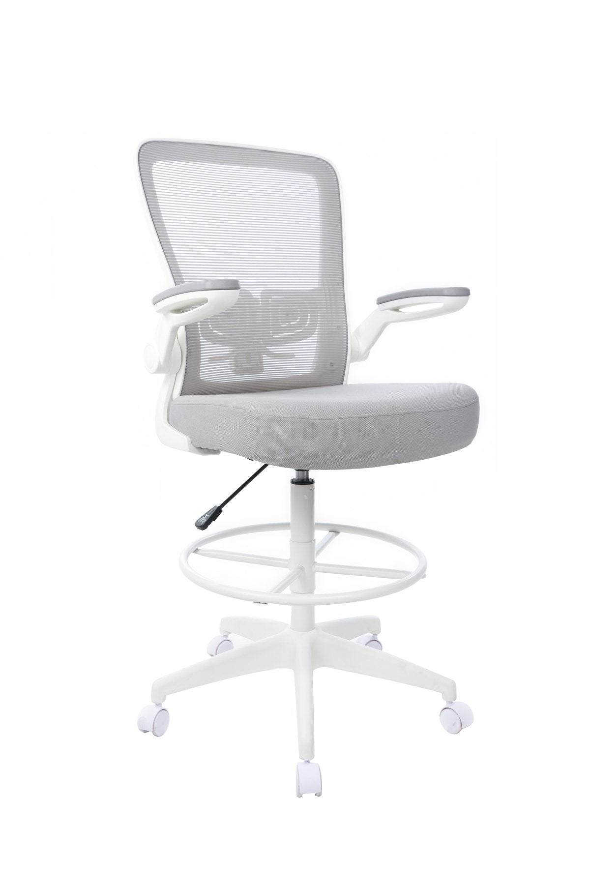 Boss Mesh Flip-Arm Stool - Gray Seat Color - Fabric, Foam Seat Material - Gray Back Color - Mesh Back Material - White Frame Color - 1 Each