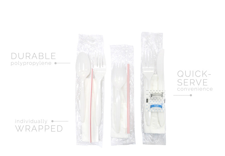 Medium Weight Polypropylene Cutlery Kits for Events - 6-Piece Sets | 250 Kits / Case
